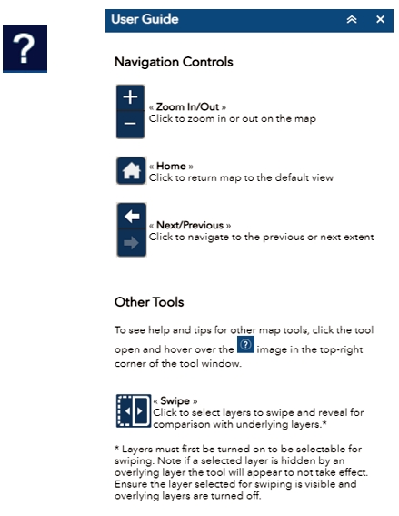 User Guide widget button and open user guide window showing control and tool options.