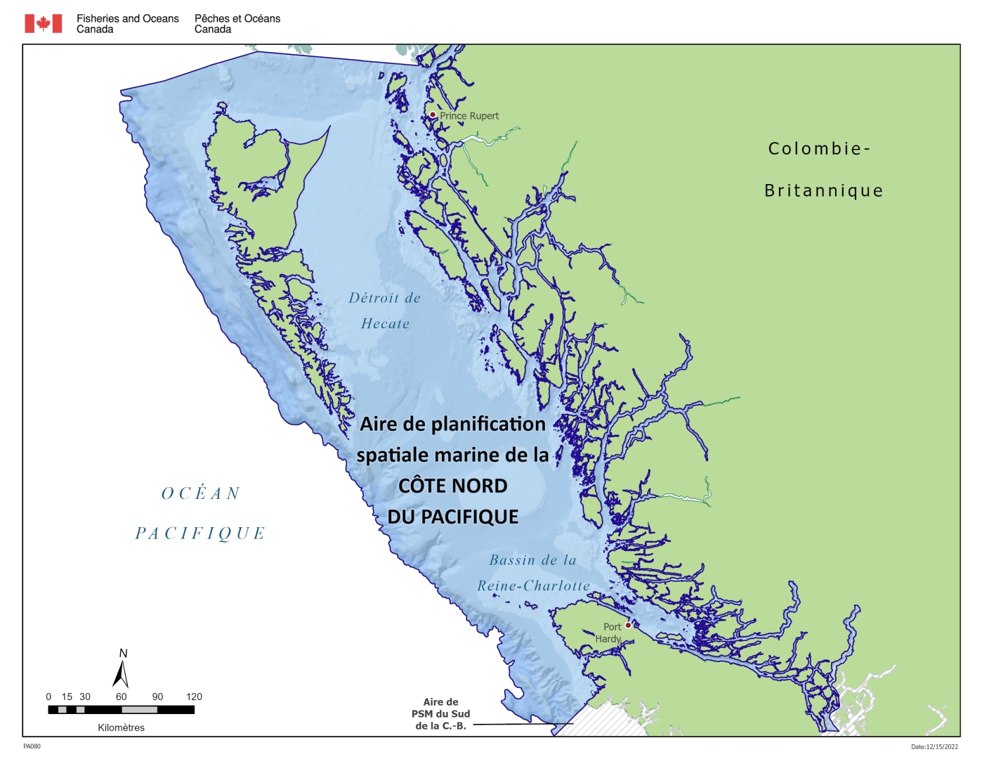 L'aire de planification de la côte nord du Pacifique englobe la biorégion du plateau Nord. Cette aire d'environ 101 000 km² s'étend du bassin hydrographique côtier à l'est jusqu'à la base du talus du plateau continental à l'ouest, et de la frontière canado-américaine au niveau de l'Alaska au nord jusqu'au nord-ouest de l'île de Vancouver (péninsule Brooks) et à l'île Quadra au sud.
