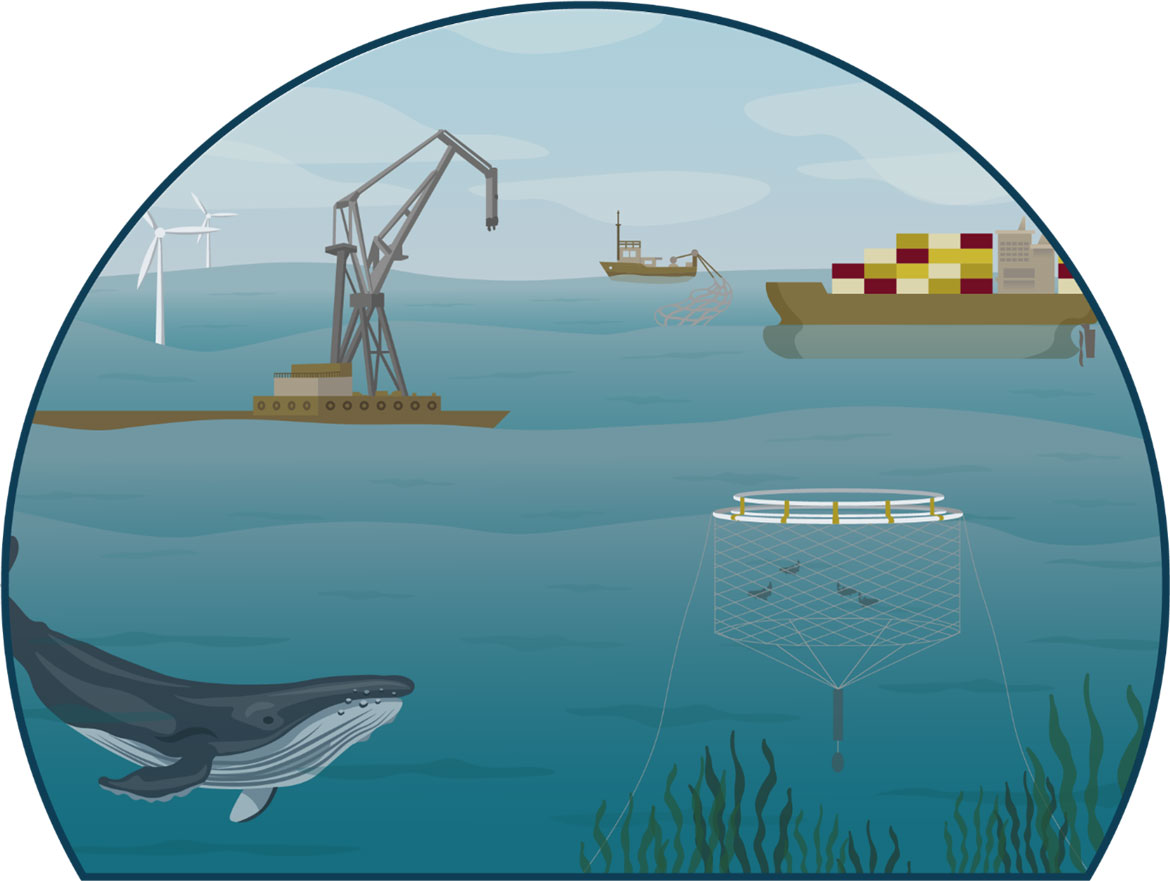 Marine environment showing wind turbine, cargo ship, industrial crane, fishing boat, whale and fishing nets.