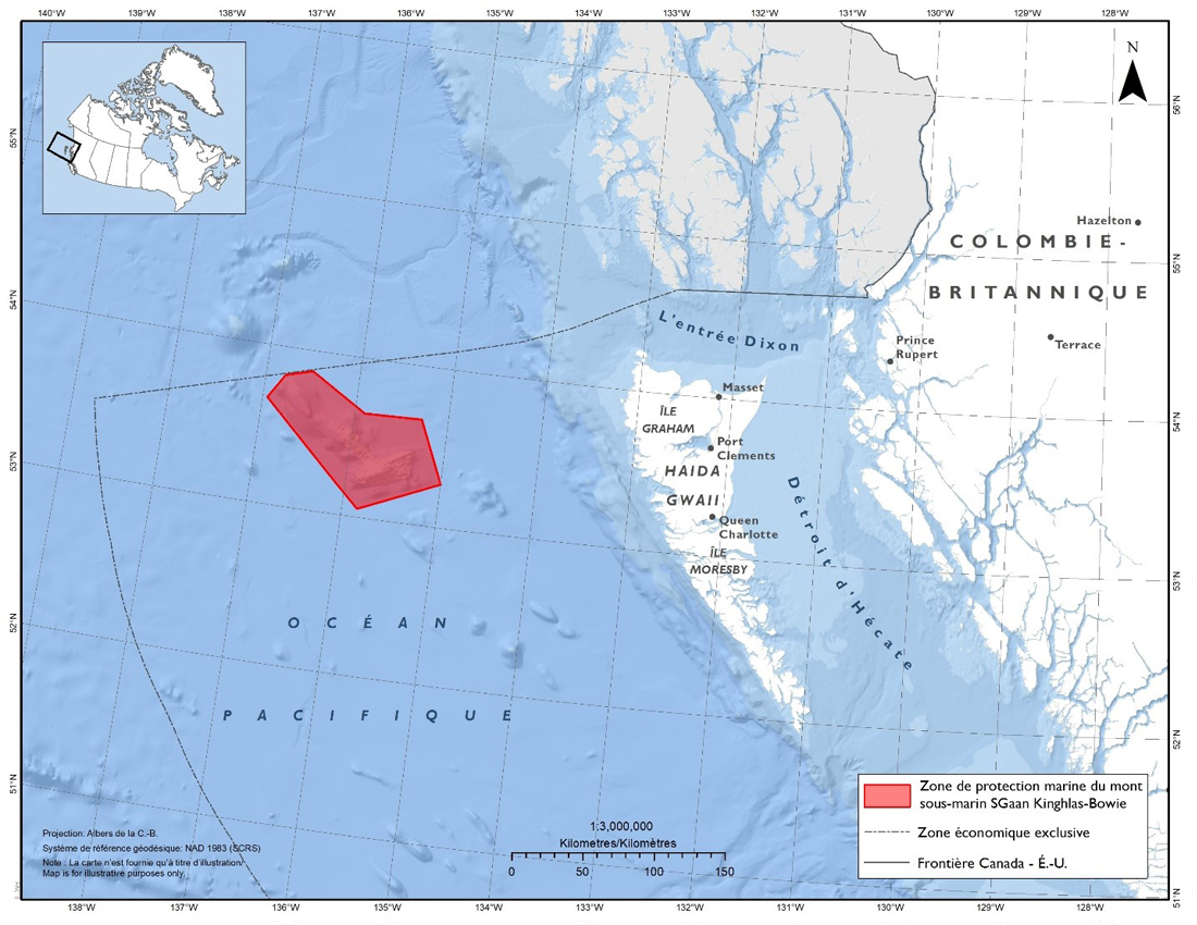 Carte : Zone de protection marine du mont sous-marin SG̲áan K̲ínghlas-Bowie (ZPM SK̲-B)