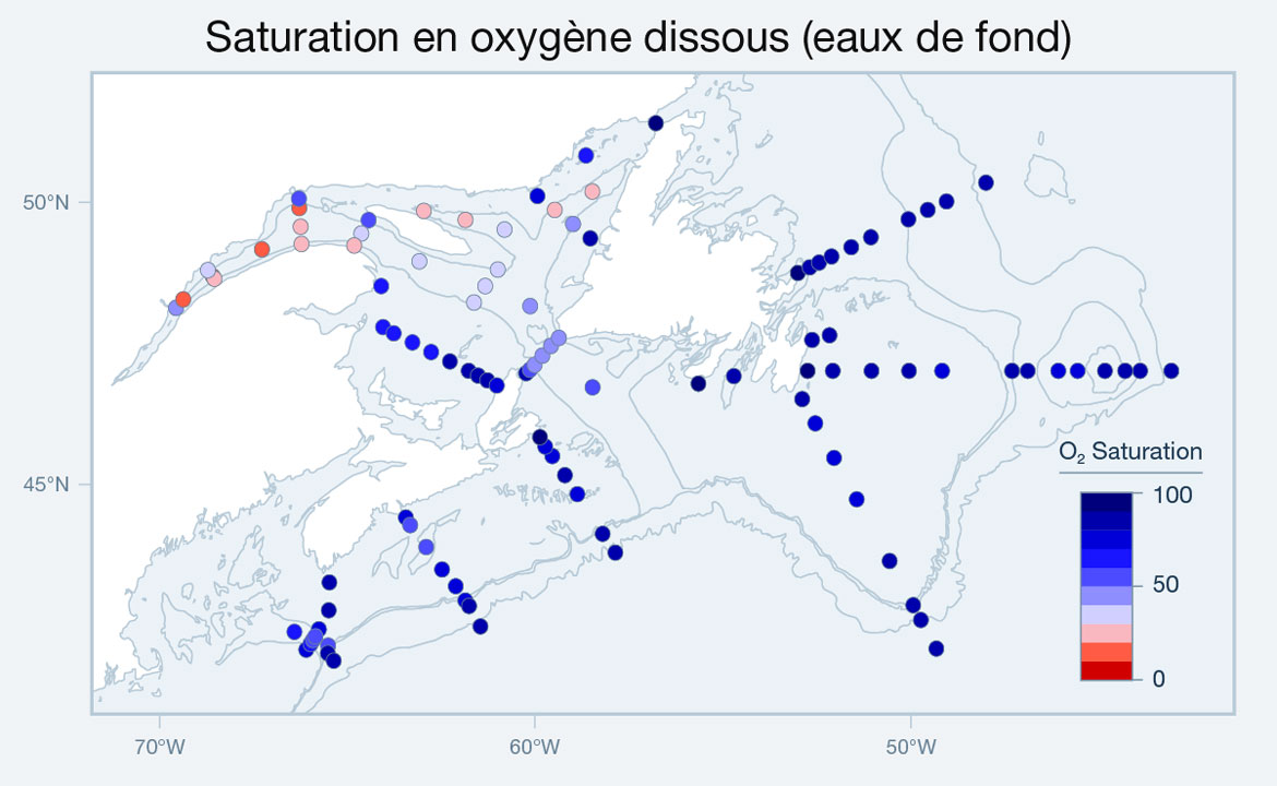 Cette carte illustre la saturation en oxygène dissous des eaux de fond dans l’Atlantique canadien en 2020. Version texte ci-dessous.
