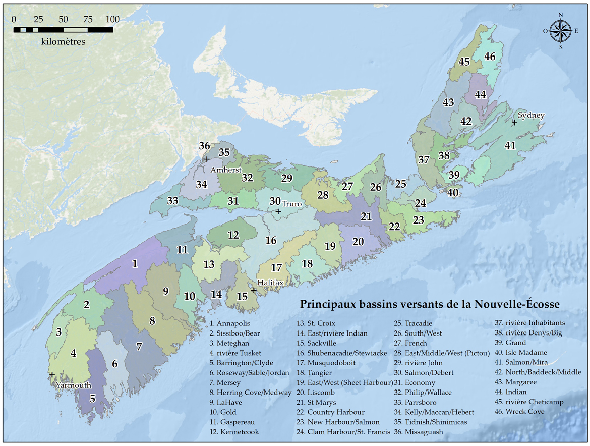 Carte illustrant la répartition géographique des 46 principaux bassins hydrographiques de la Nouvelle-Écosse.