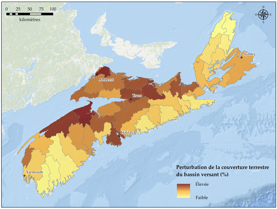 Carte montrant la perturbation des terres dans les bassins hydrographiques de Nouvelle-Écosse, des zones les plus perturbées aux zones les moins perturbées. Texte ci-dessous.