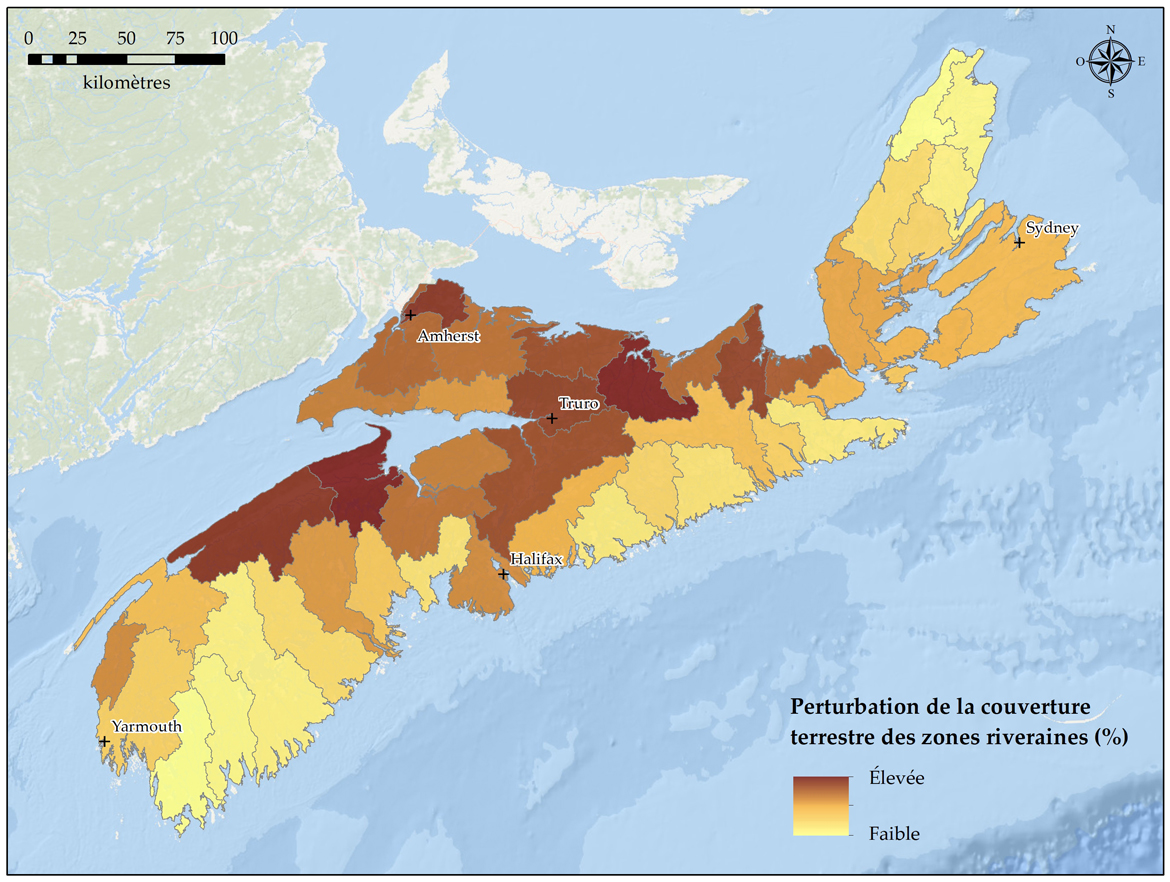 Perturbation de la couverture des terres riveraines par bassin versant de la Nouvelle-Écosse. Version texte ci-dessous.