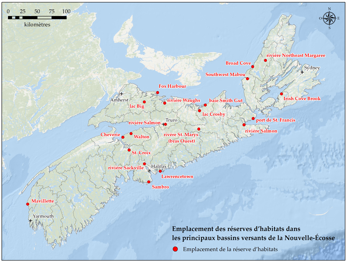 La carte montre l'emplacement des banques d'habitat en Nouvelle-Écosse. Version texte ci-dessous.