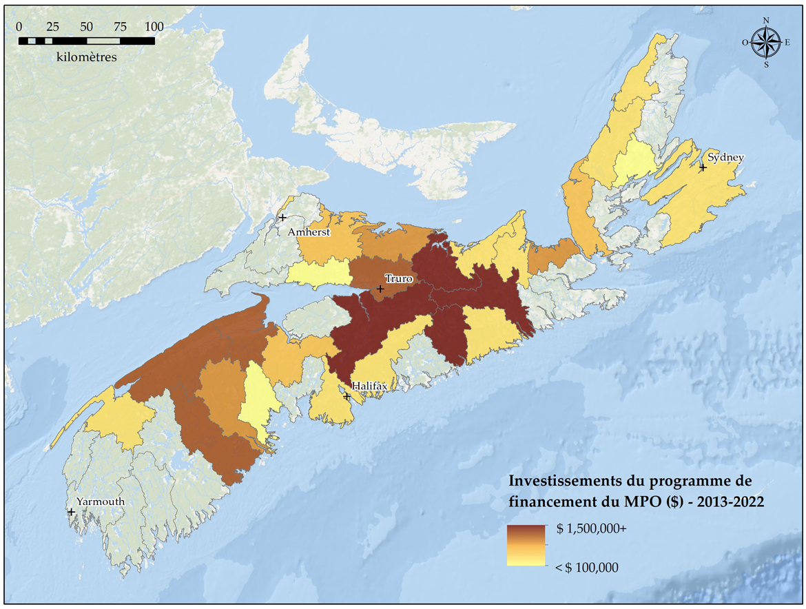 Carte indiquant les régions de la Nouvelle-Écosse et le montant de l'investissement du programme de financement. Version texte ci-dessous.