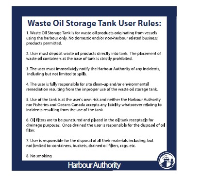 Example for a sign concerning waste oil storage tank user rules. Harbour authority is spelled at the bottom middle and the harbour authority logo is in the bottom right corner.