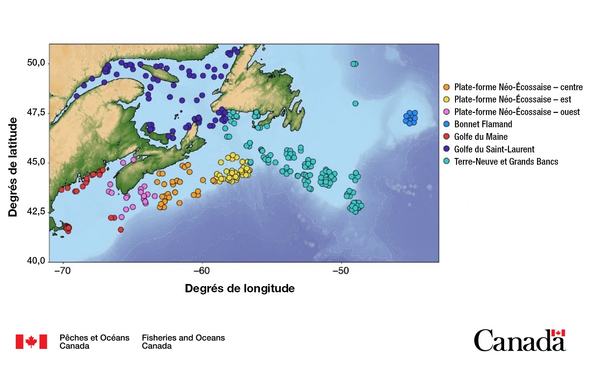 Carte des endroits où des échantillons génétiques de flétan de l'Atlantique ont été prélevés.