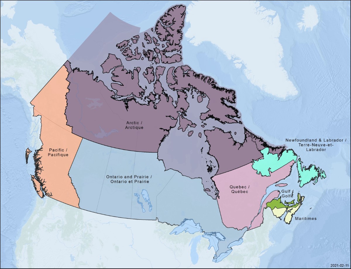 A map showing the boundaries between DFO's 7 regions.