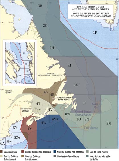 Carte des zones de pêche de l'OPANO