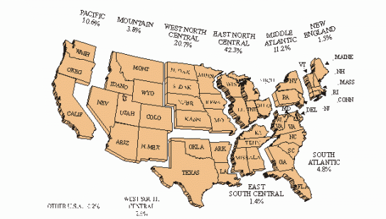 Figure 1 - Map of Regional distribution of United States residents who held Canadian angling licences in 2000. 