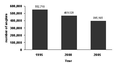 A bar graph depicting the total of active adult anglers for all angler categories in the Great Lakes for 1995, 2000 and 2005. The year 1995 has the highest number of anglers across all three years at 552 710. 2000 ranks second across all three years at 469 128 followed 2005 at 395 165.