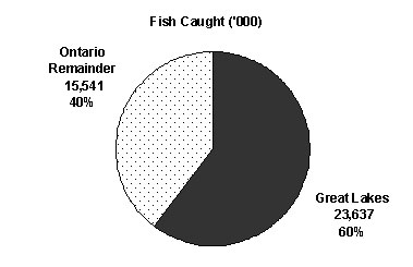 A pie chart illustrating the total value of fish caught by Great Lakes anglers for all species in the Great Lakes and remainder of Ontario in 2005