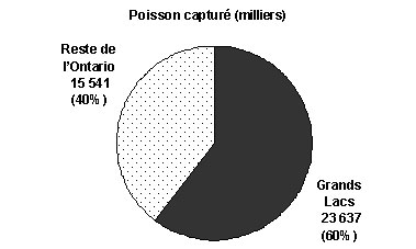 Diagrammes à secteurs nous montrant la part en pourcentage du nombre de poisson capturé par les pêcheurs dans les Grands Lacs, toutes les espèces, Grands Lacs et le reste de l’Ontario, 2005 
