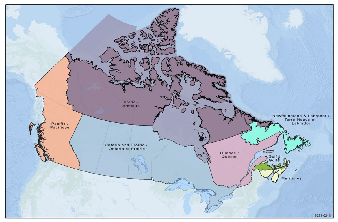 Carte du Canada montrant les limites des régions administratives du MPO. Voir la description ci-dessous.