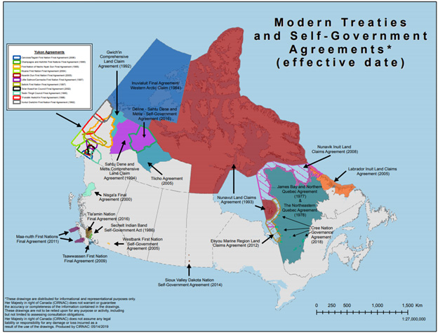 Boundaries of modern treaties and self-government agreements overlayed on map of Canada. See description below.