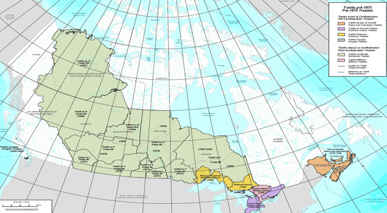 Boundaries of pre-1975 treaties overlayed on map of Canada. See description below.