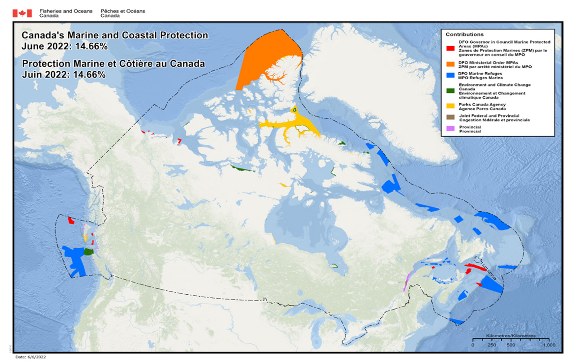 Zones de protection marines et côtières indiquées sur une carte du Canada. Voir la description ci-dessous.