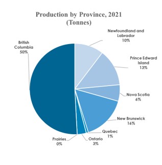 Pie chart: Production by Province, 2021 (Tonnes). See description below.